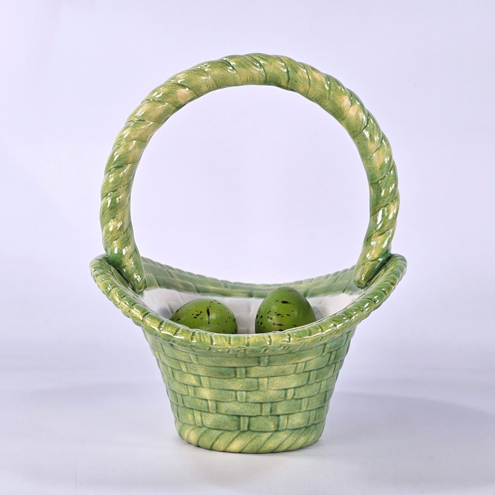 Vintage Green Ceramic Woven Easter Basket with 5 Speckled Decorative Eggs